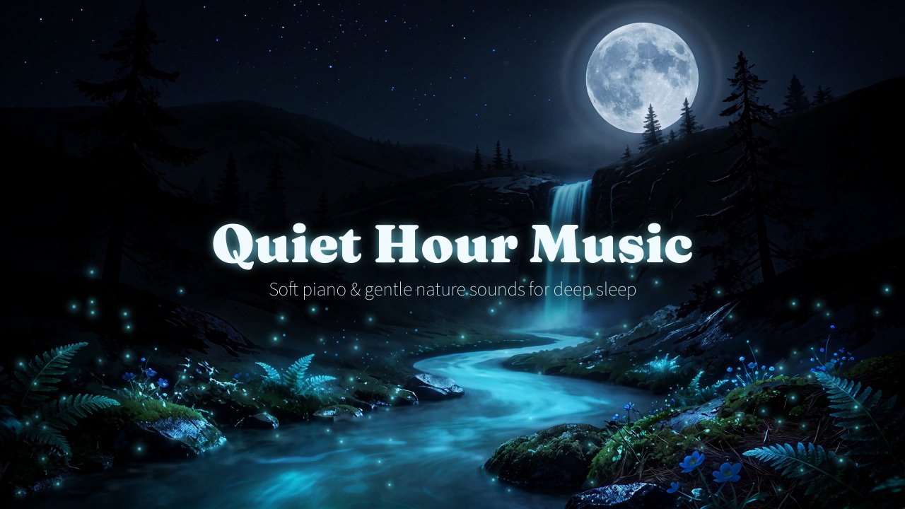 Quiet Hour Music – moonlit waterfall and glowing stream at night